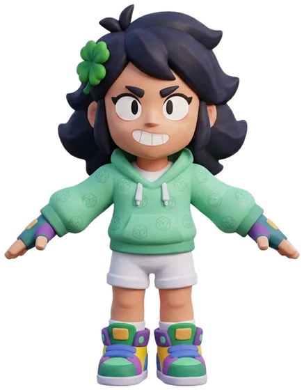 Lucky: a grinning hero with a clover in her hair and a mint hoodie