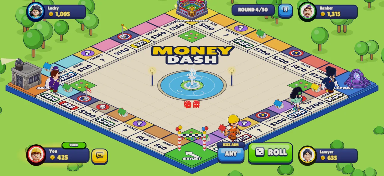 Money Dash match: the city board with four heroes, dice in the middle and the Championship corner