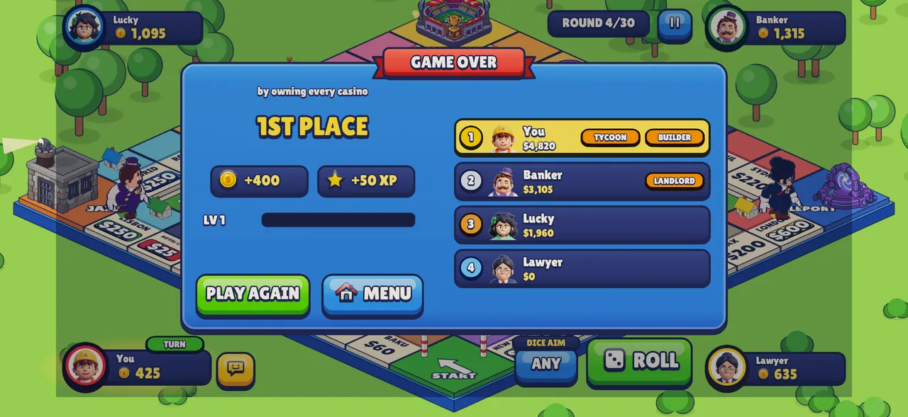 Match results screen: first place with rewards and the standings