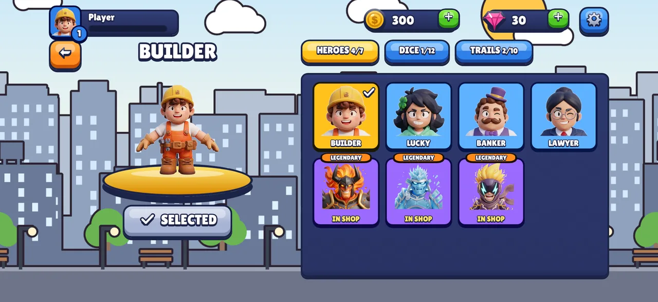 Hero collection screen with Builder selected