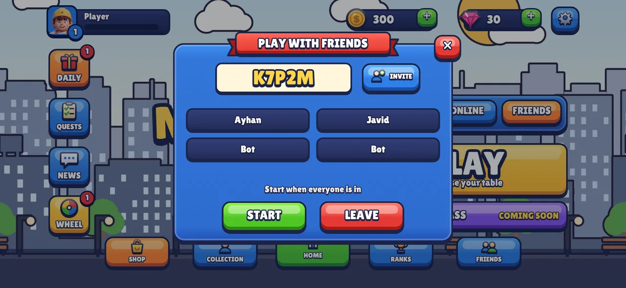 Play with friends screen with a room code and four seats